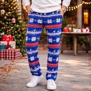 OPPOSUITS Mens Ugly Christmas Pants Reindeer Snowflake Blue Red Size 38W 31L‎